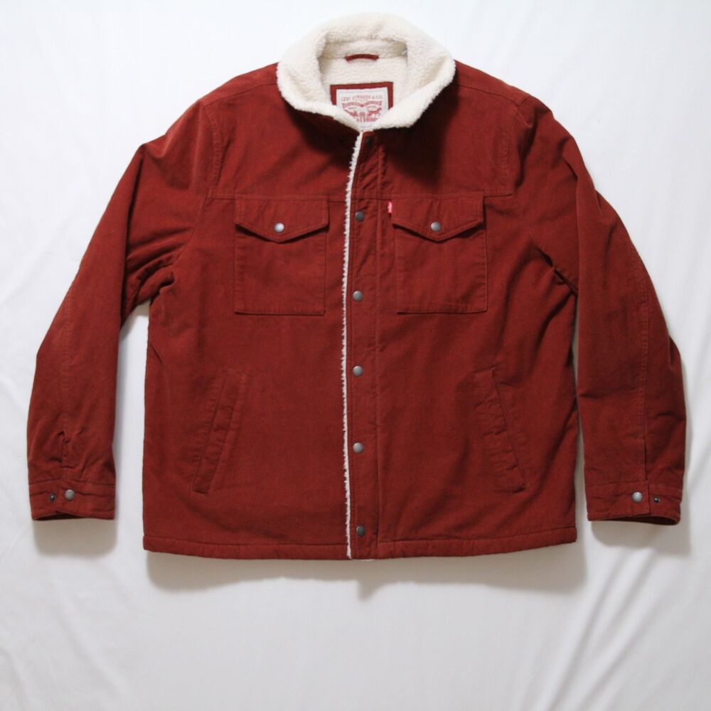 Levis Corduroy Sherpa Jacket Mens Size XL Red Lined Trucker Bomber Coat Winter
